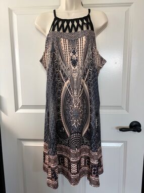 Boho Print Halter Dress in Black and Tan NWOT